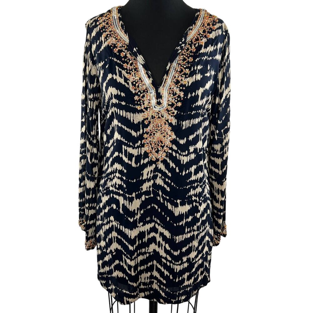 Soft Surroundings Navy Tan Split Embellished V-Neck Akira Tunic Size M ?